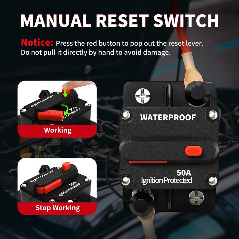 TEMCHY 50Amp Circuit Breaker Waterproof Marine Motor Accessory for Boat Trolling ATV Trailer Vehicles Stereo Audio Electronic Battery Solar System Inline Fuse with Manual Reset Switch DC 12V-48V - Image 3